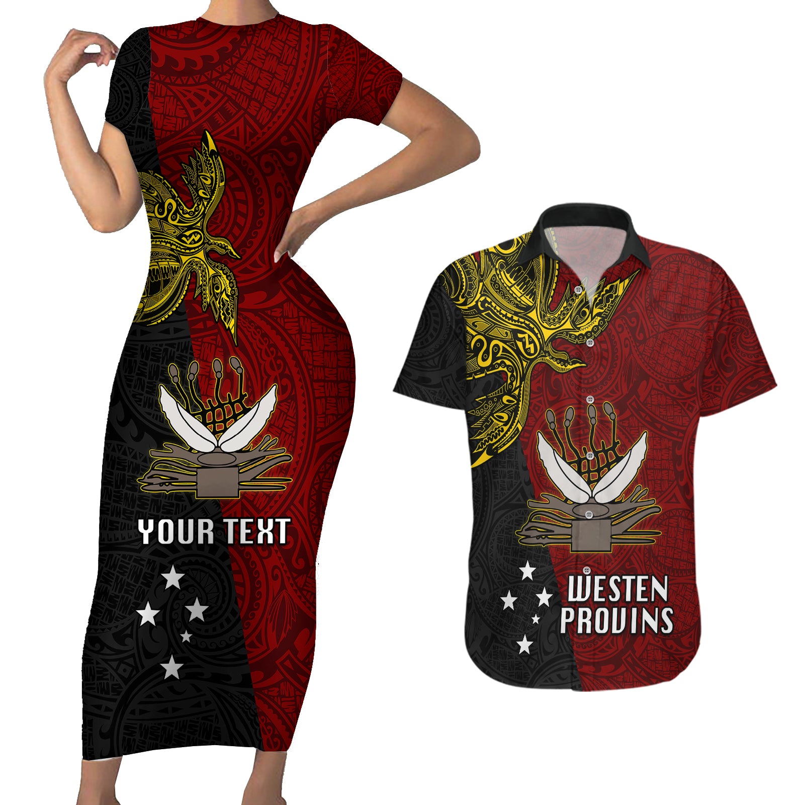 Personalised Papua New Guinea Western Province Couples Matching Short Sleeve Bodycon Dress and Hawaiian Shirt PNG Birds Of Paradise Polynesian Arty Style LT03 Red - Polynesian Pride