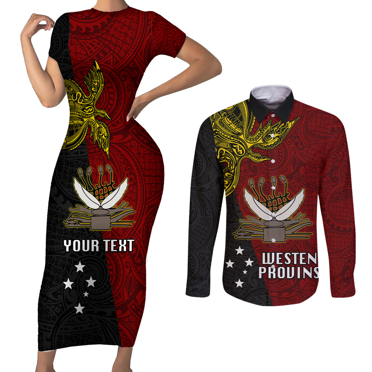 Personalised Papua New Guinea Western Province Couples Matching Short Sleeve Bodycon Dress and Long Sleeve Button Shirts PNG Birds Of Paradise Polynesian Arty Style LT03 Red - Polynesian Pride