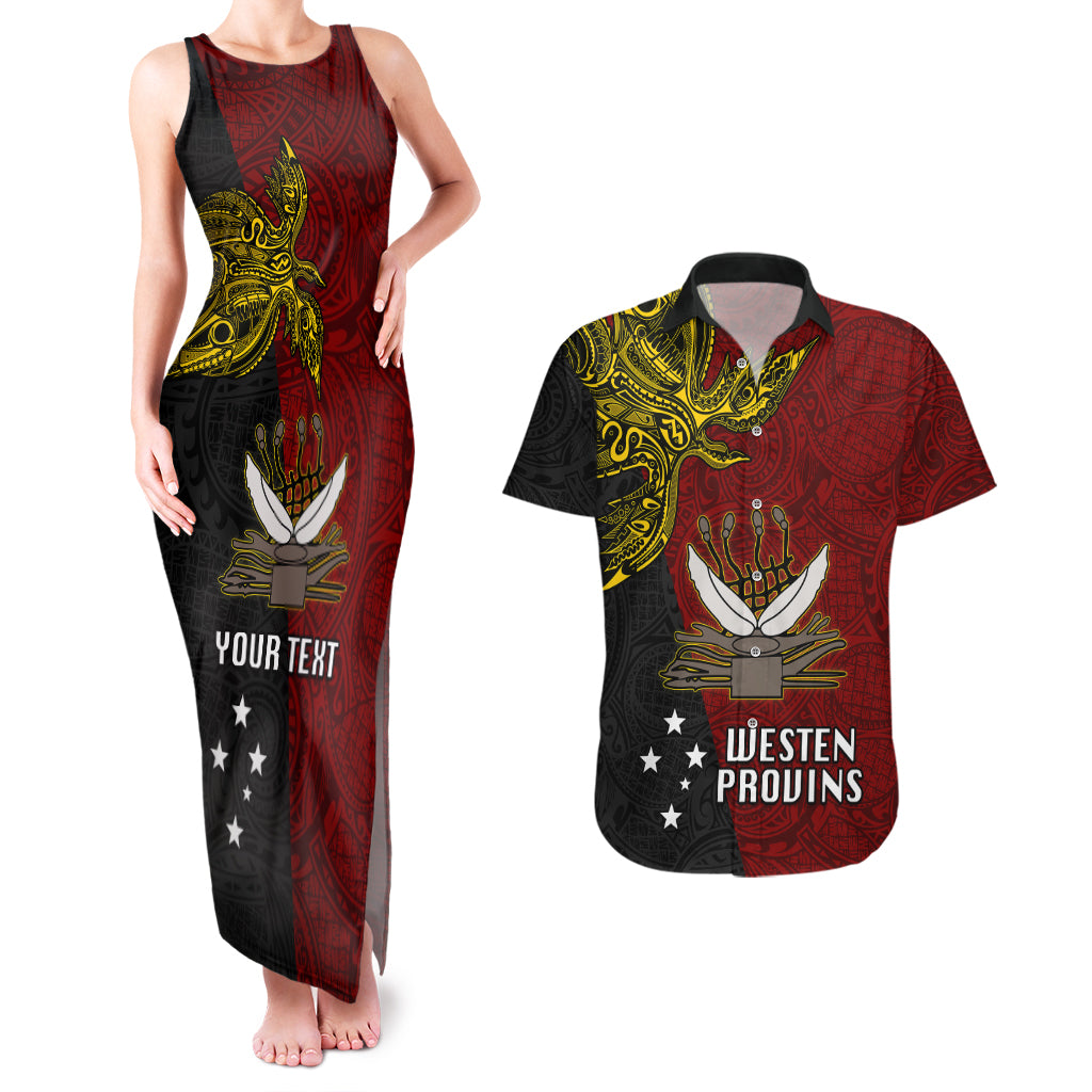 Personalised Papua New Guinea Western Province Couples Matching Tank Maxi Dress and Hawaiian Shirt PNG Birds Of Paradise Polynesian Arty Style LT03 Red - Polynesian Pride