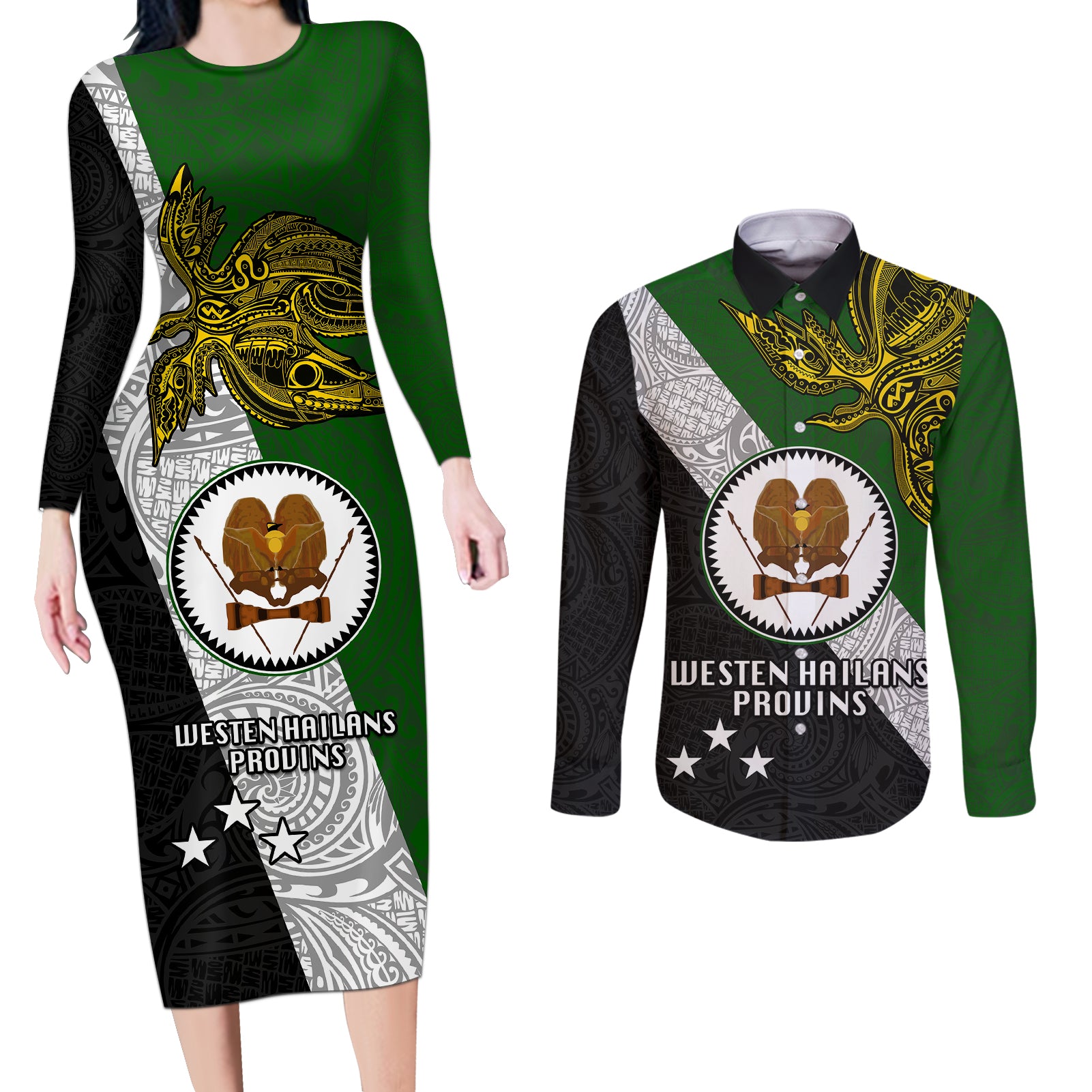 Papua New Guinea Western Highlands Province Couples Matching Long Sleeve Bodycon Dress and Long Sleeve Button Shirts PNG Birds Of Paradise Polynesian Arty Style LT03 Green - Polynesian Pride