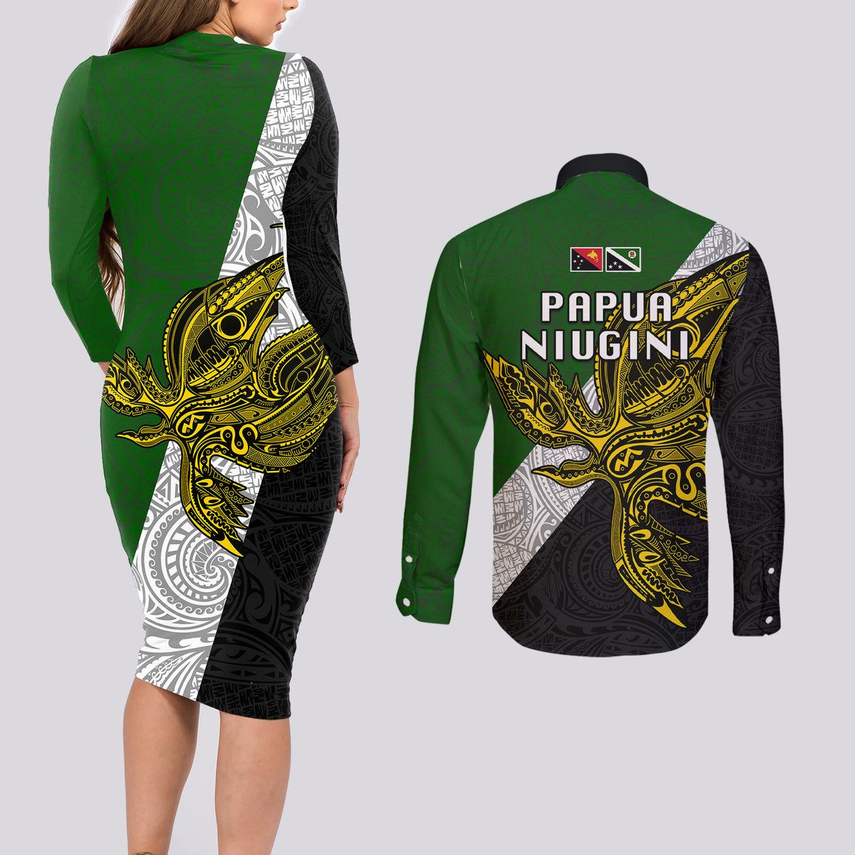 Papua New Guinea Western Highlands Province Couples Matching Long Sleeve Bodycon Dress and Long Sleeve Button Shirts PNG Birds Of Paradise Polynesian Arty Style LT03 - Polynesian Pride