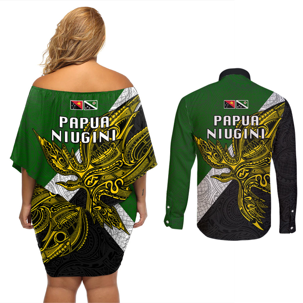 Papua New Guinea Western Highlands Province Couples Matching Off Shoulder Short Dress and Long Sleeve Button Shirts PNG Birds Of Paradise Polynesian Arty Style LT03 - Polynesian Pride