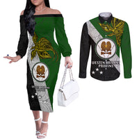 Papua New Guinea Western Highlands Province Couples Matching Off The Shoulder Long Sleeve Dress and Long Sleeve Button Shirts PNG Birds Of Paradise Polynesian Arty Style LT03 Green - Polynesian Pride
