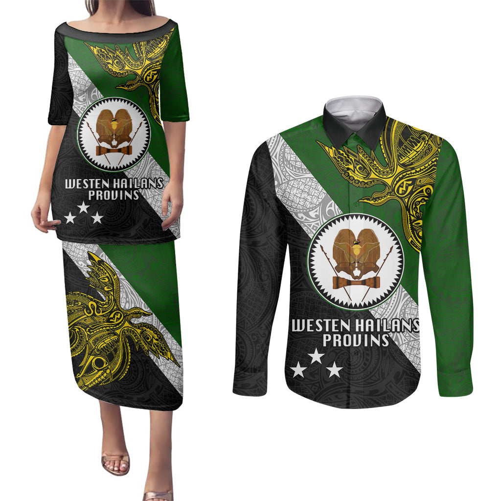 Papua New Guinea Western Highlands Province Couples Matching Puletasi Dress and Long Sleeve Button Shirts PNG Birds Of Paradise Polynesian Arty Style LT03 Green - Polynesian Pride