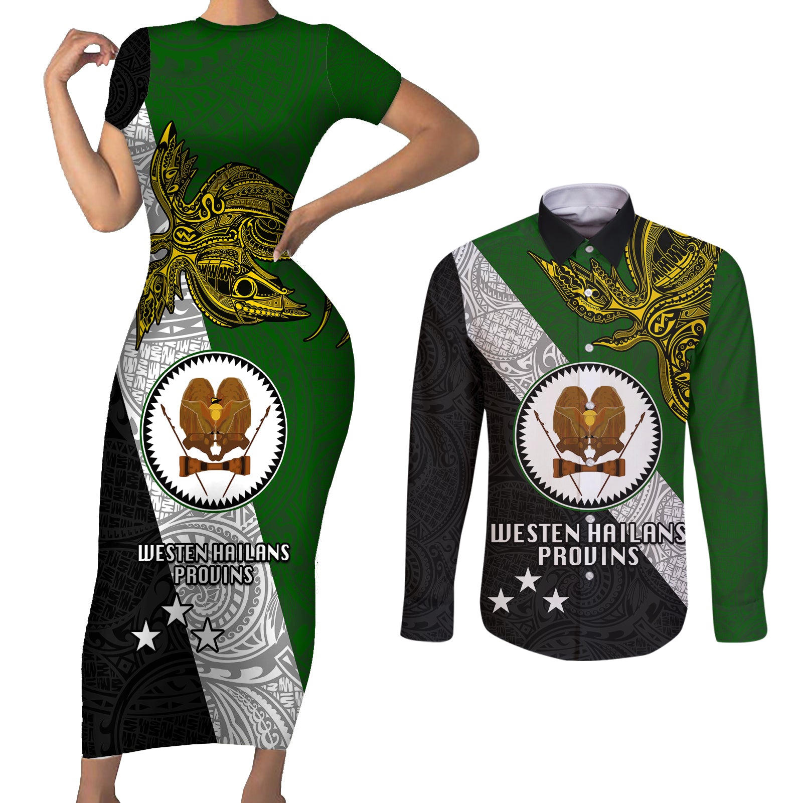 Papua New Guinea Western Highlands Province Couples Matching Short Sleeve Bodycon Dress and Long Sleeve Button Shirts PNG Birds Of Paradise Polynesian Arty Style LT03 Green - Polynesian Pride