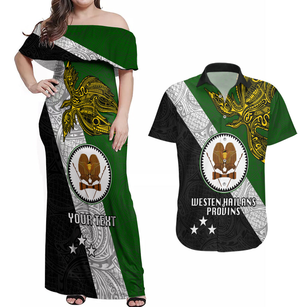 Personalised Papua New Guinea Western Highlands Province Couples Matching Off Shoulder Maxi Dress and Hawaiian Shirt PNG Birds Of Paradise Polynesian Arty Style LT03 Green - Polynesian Pride