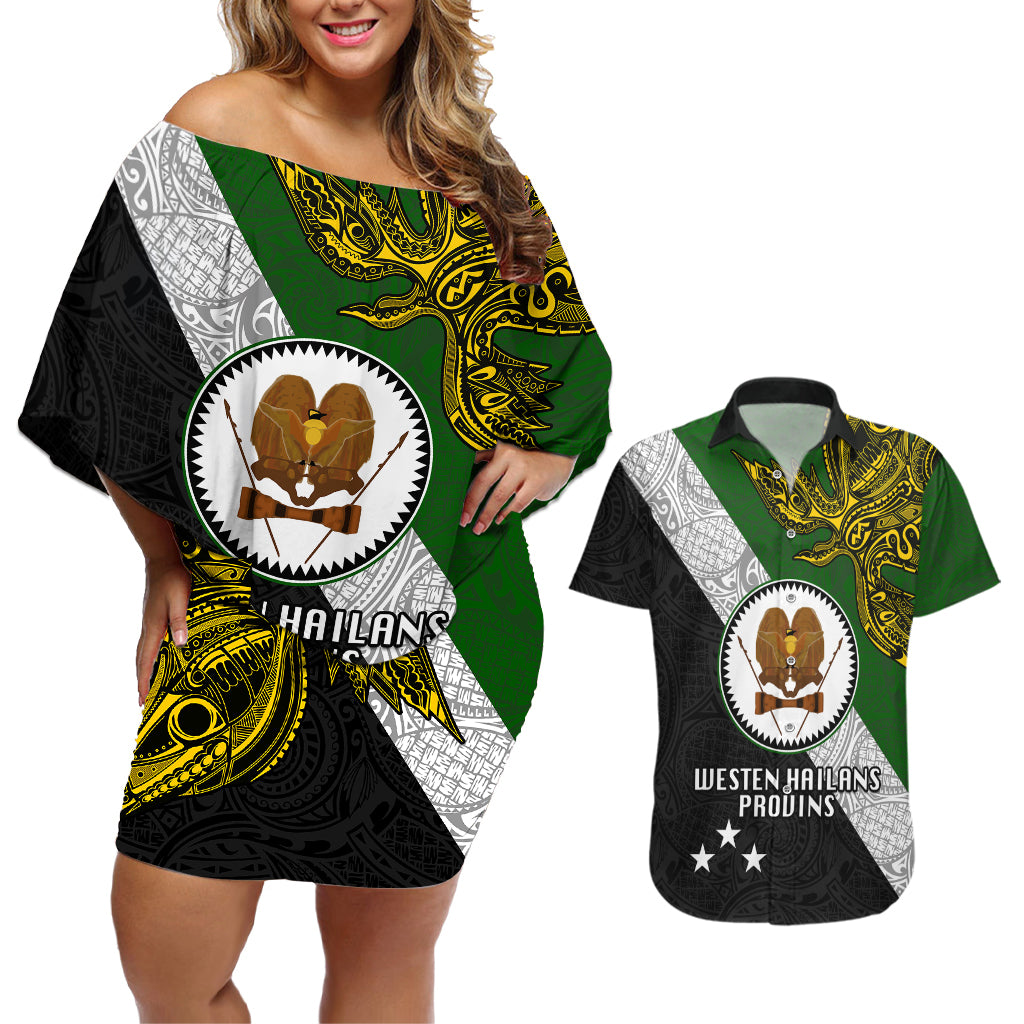 Personalised Papua New Guinea Western Highlands Province Couples Matching Off Shoulder Short Dress and Hawaiian Shirt PNG Birds Of Paradise Polynesian Arty Style LT03 Green - Polynesian Pride