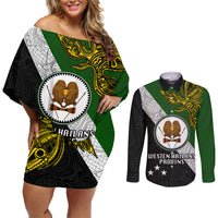 Personalised Papua New Guinea Western Highlands Province Couples Matching Off Shoulder Short Dress and Long Sleeve Button Shirts PNG Birds Of Paradise Polynesian Arty Style LT03 Green - Polynesian Pride