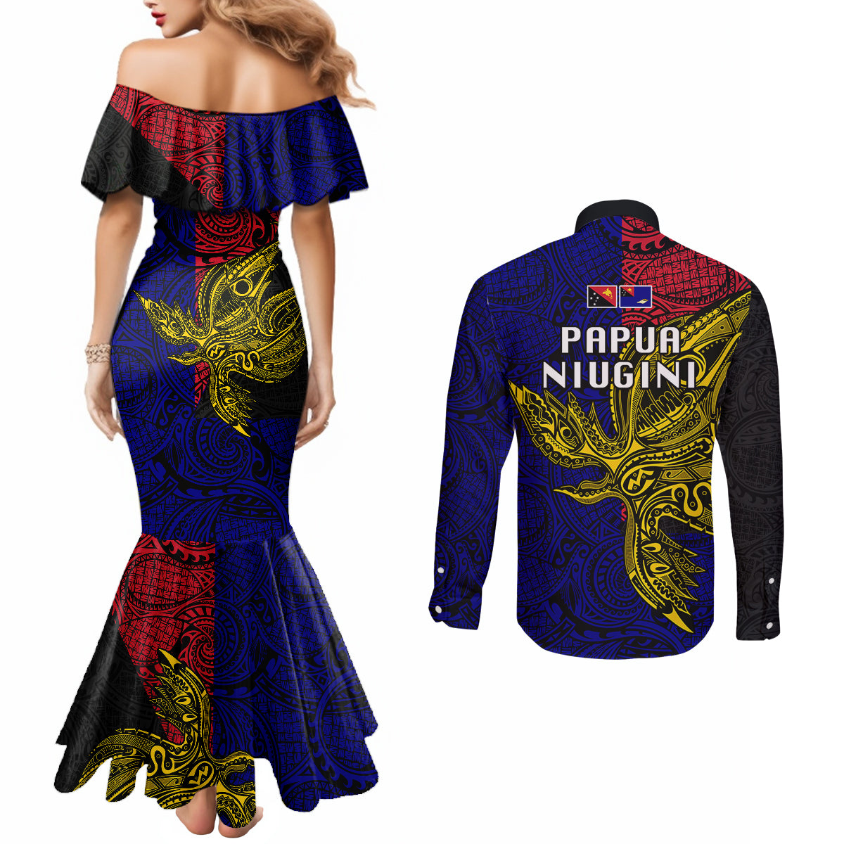 Papua New Guinea West New Britain Province Couples Matching Mermaid Dress and Long Sleeve Button Shirts PNG Birds Of Paradise Polynesian Arty Style LT03 - Polynesian Pride