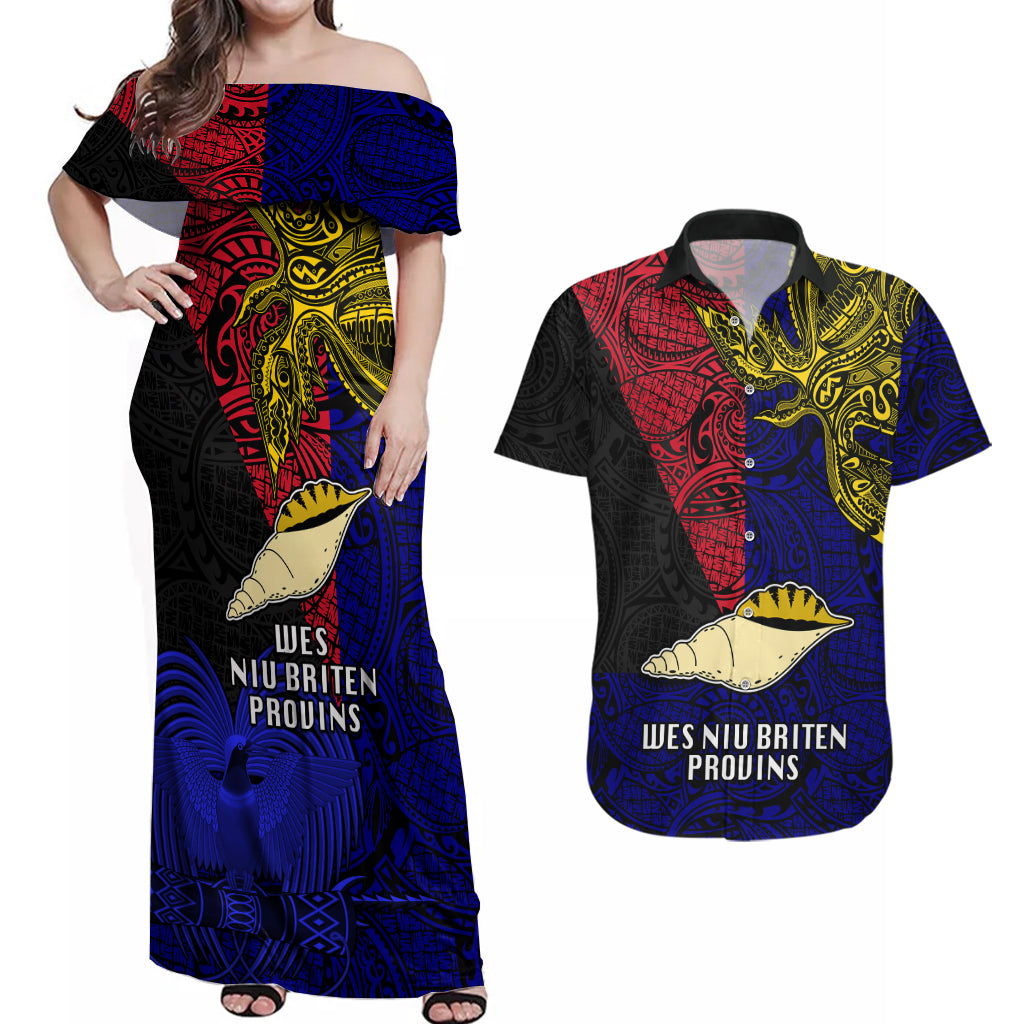 Papua New Guinea West New Britain Province Couples Matching Off Shoulder Maxi Dress and Hawaiian Shirt PNG Birds Of Paradise Polynesian Arty Style LT03 Blue - Polynesian Pride