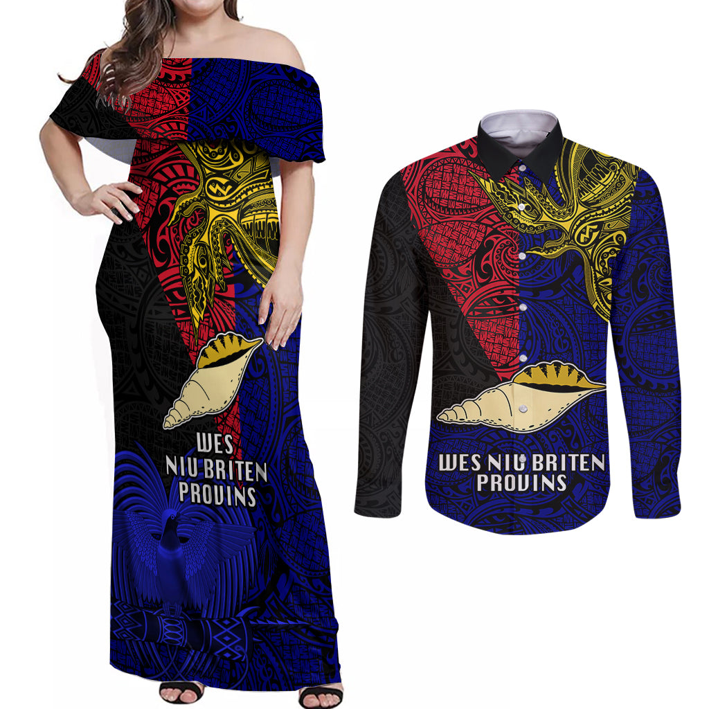 Papua New Guinea West New Britain Province Couples Matching Off Shoulder Maxi Dress and Long Sleeve Button Shirts PNG Birds Of Paradise Polynesian Arty Style LT03 Blue - Polynesian Pride