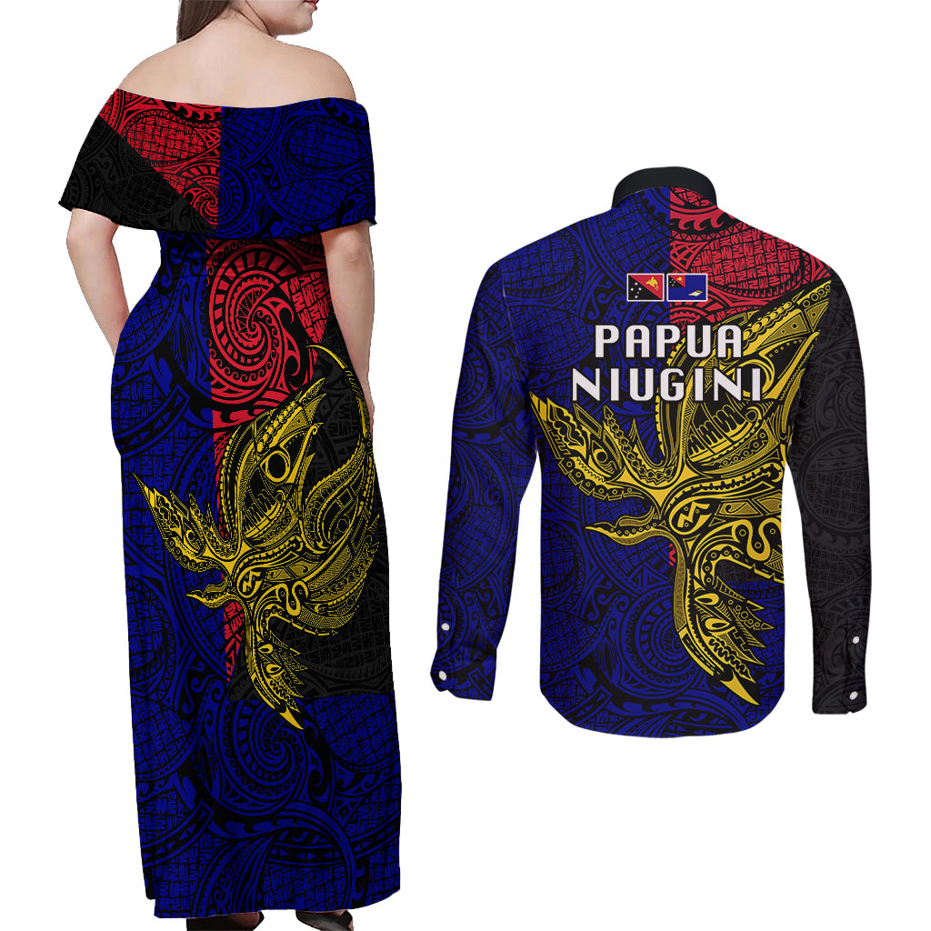 Papua New Guinea West New Britain Province Couples Matching Off Shoulder Maxi Dress and Long Sleeve Button Shirts PNG Birds Of Paradise Polynesian Arty Style LT03 - Polynesian Pride