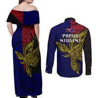 Papua New Guinea West New Britain Province Couples Matching Off Shoulder Maxi Dress and Long Sleeve Button Shirts PNG Birds Of Paradise Polynesian Arty Style LT03 - Polynesian Pride