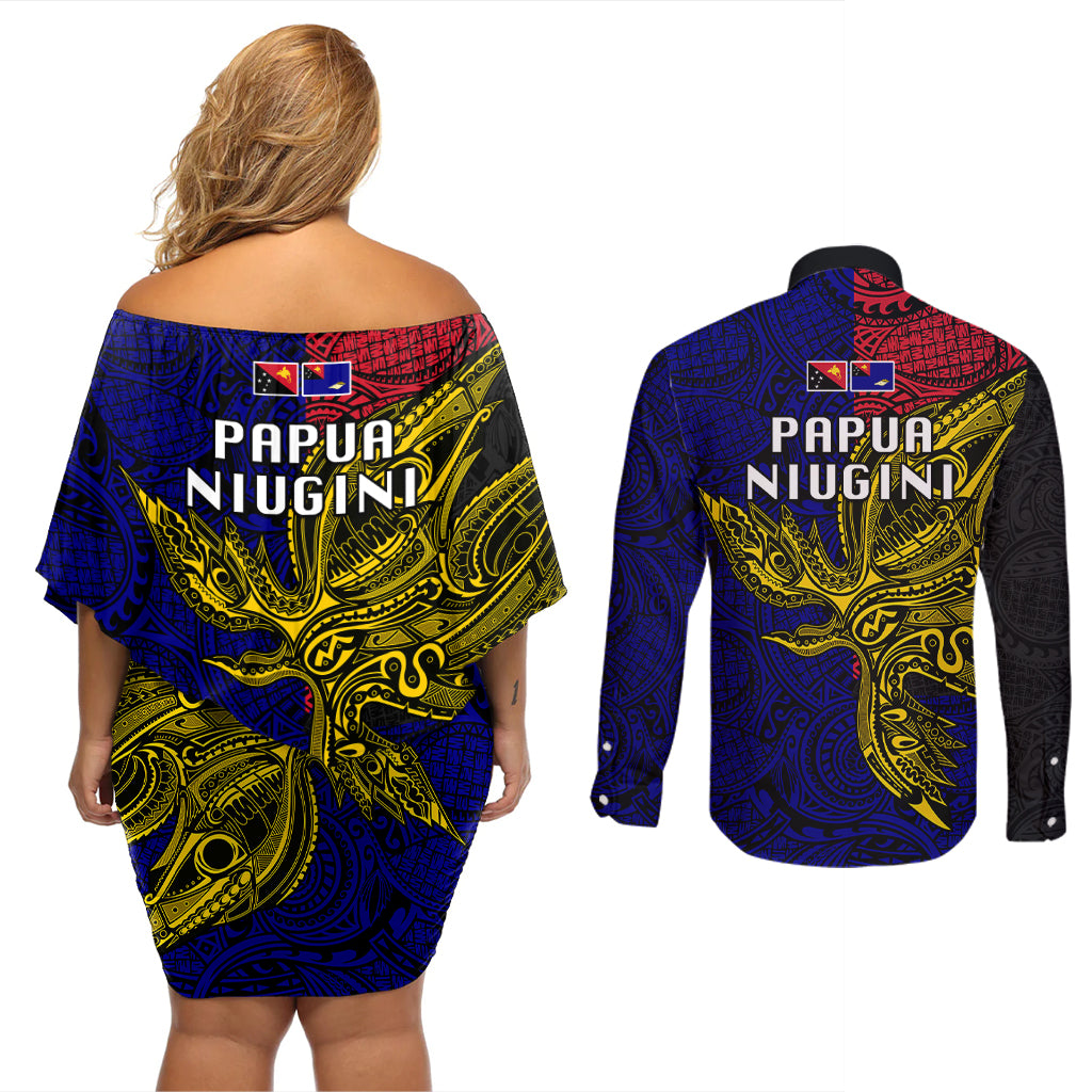 Papua New Guinea West New Britain Province Couples Matching Off Shoulder Short Dress and Long Sleeve Button Shirts PNG Birds Of Paradise Polynesian Arty Style LT03 - Polynesian Pride
