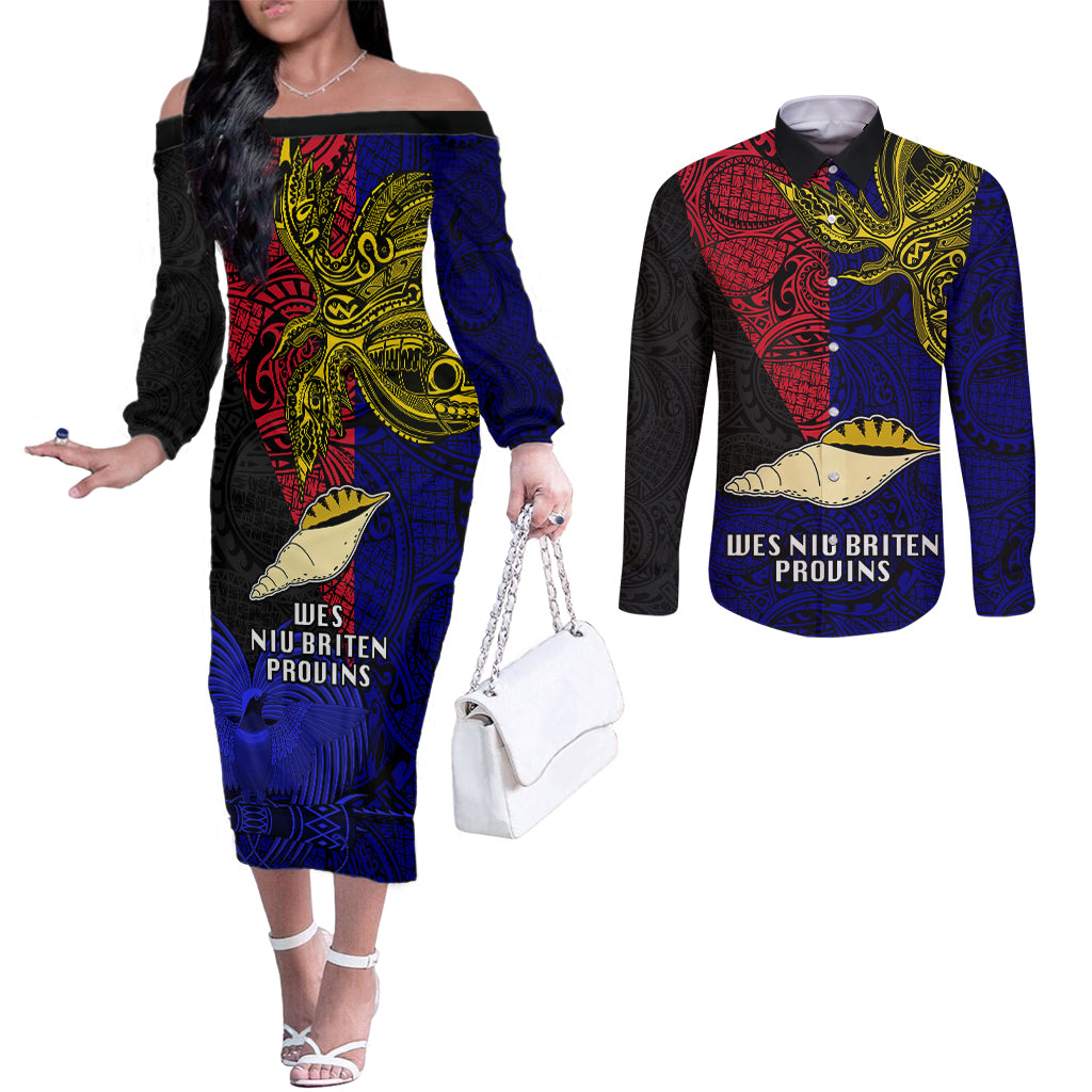 Papua New Guinea West New Britain Province Couples Matching Off The Shoulder Long Sleeve Dress and Long Sleeve Button Shirts PNG Birds Of Paradise Polynesian Arty Style LT03 Blue - Polynesian Pride
