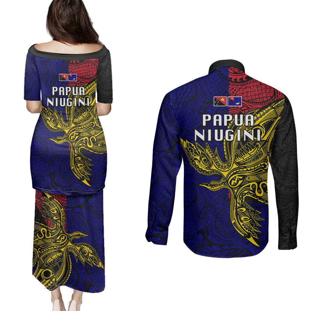 Papua New Guinea West New Britain Province Couples Matching Puletasi Dress and Long Sleeve Button Shirts PNG Birds Of Paradise Polynesian Arty Style LT03 - Polynesian Pride