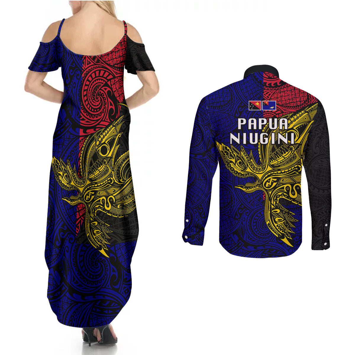Papua New Guinea West New Britain Province Couples Matching Summer Maxi Dress and Long Sleeve Button Shirts PNG Birds Of Paradise Polynesian Arty Style LT03 - Polynesian Pride