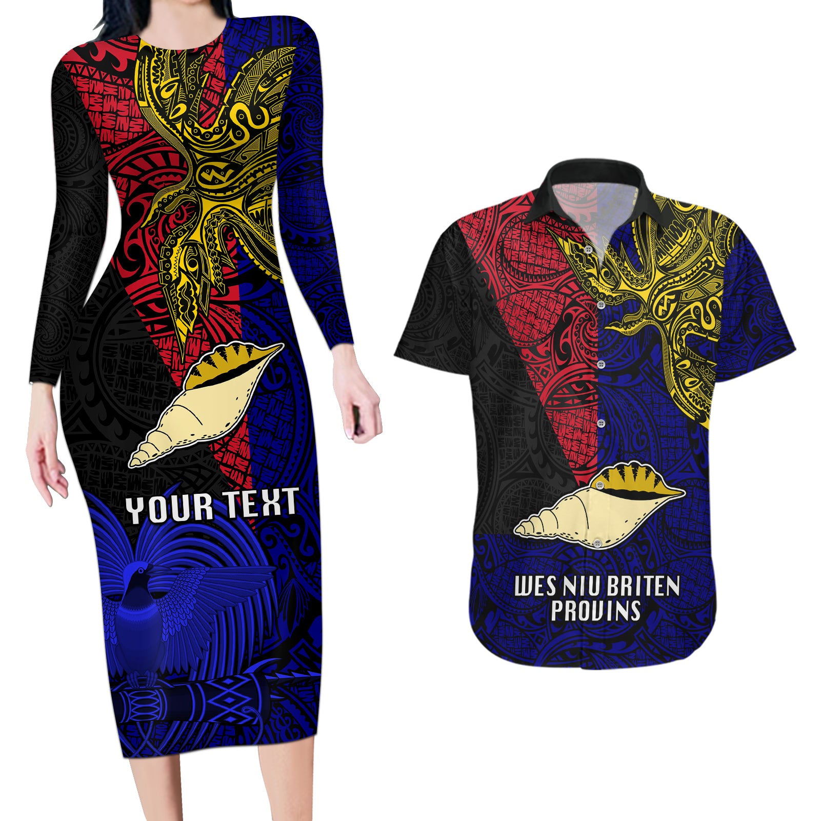 Personalised Papua New Guinea West New Britain Province Couples Matching Long Sleeve Bodycon Dress and Hawaiian Shirt PNG Birds Of Paradise Polynesian Arty Style LT03 Blue - Polynesian Pride