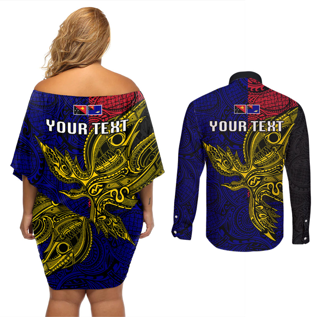 Personalised Papua New Guinea West New Britain Province Couples Matching Off Shoulder Short Dress and Long Sleeve Button Shirts PNG Birds Of Paradise Polynesian Arty Style LT03 - Polynesian Pride