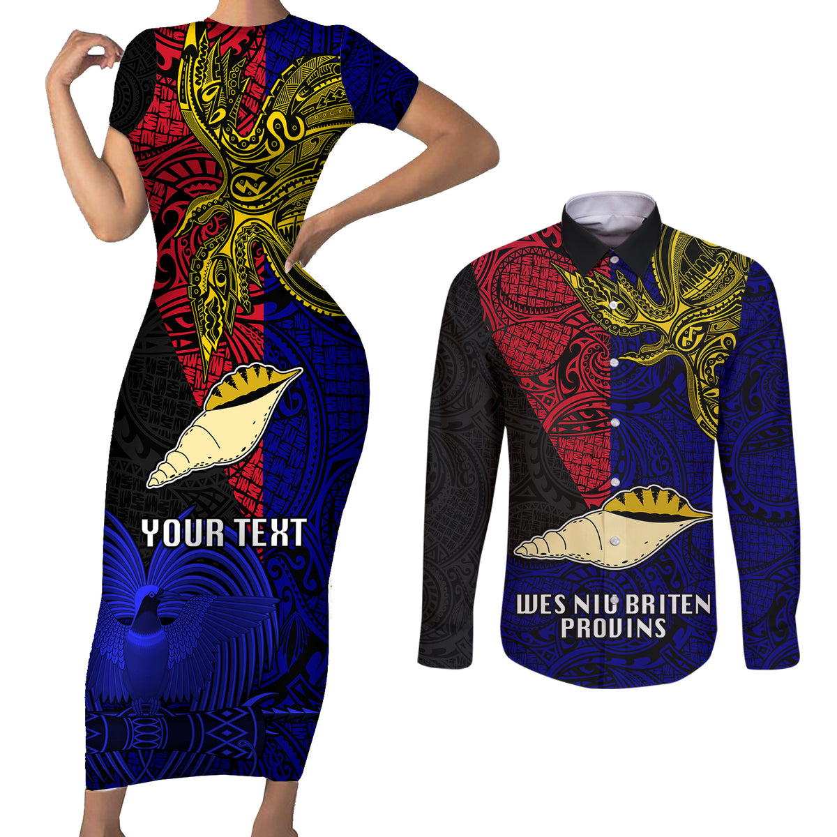 Personalised Papua New Guinea West New Britain Province Couples Matching Short Sleeve Bodycon Dress and Long Sleeve Button Shirts PNG Birds Of Paradise Polynesian Arty Style LT03 Blue - Polynesian Pride