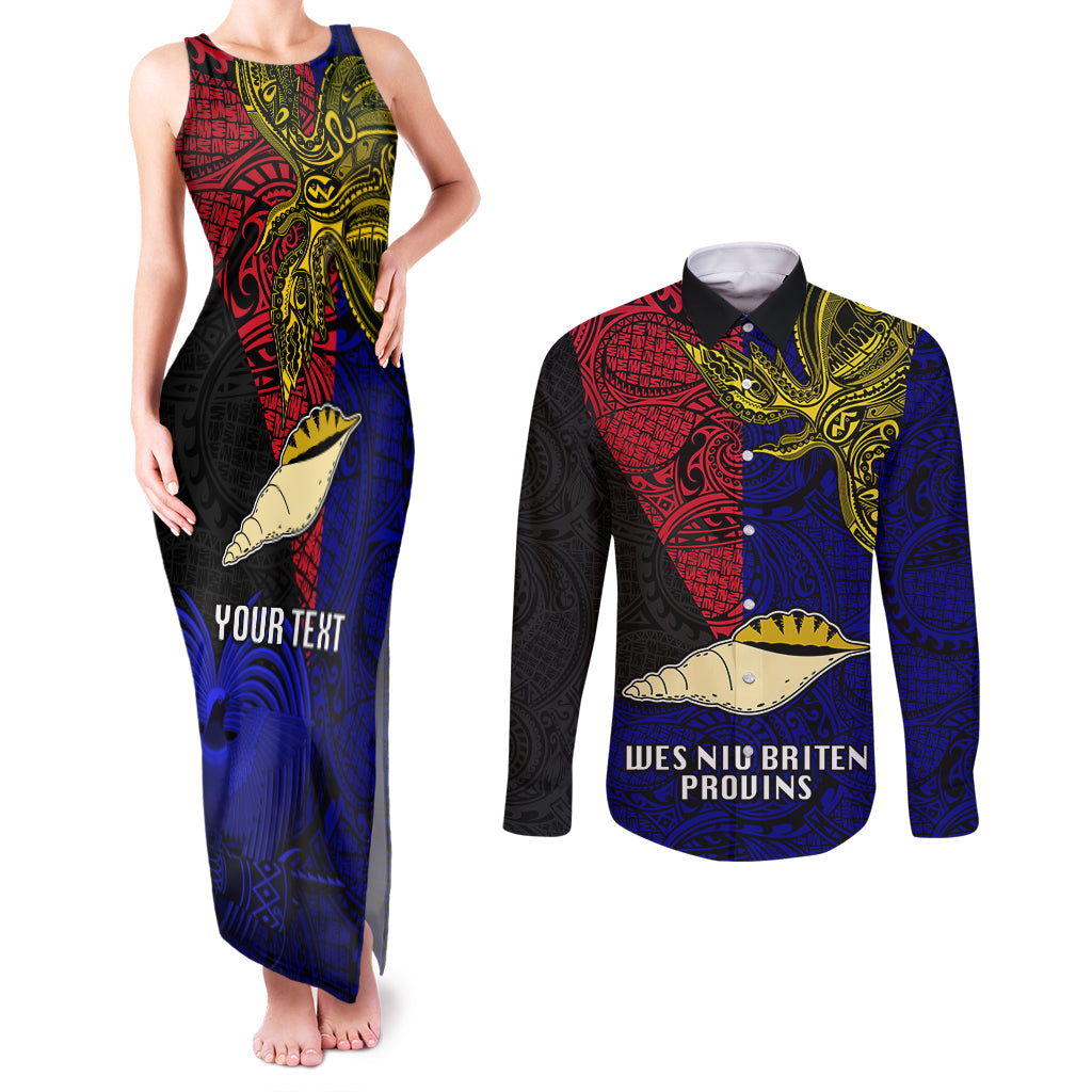 Personalised Papua New Guinea West New Britain Province Couples Matching Tank Maxi Dress and Long Sleeve Button Shirts PNG Birds Of Paradise Polynesian Arty Style LT03 Blue - Polynesian Pride