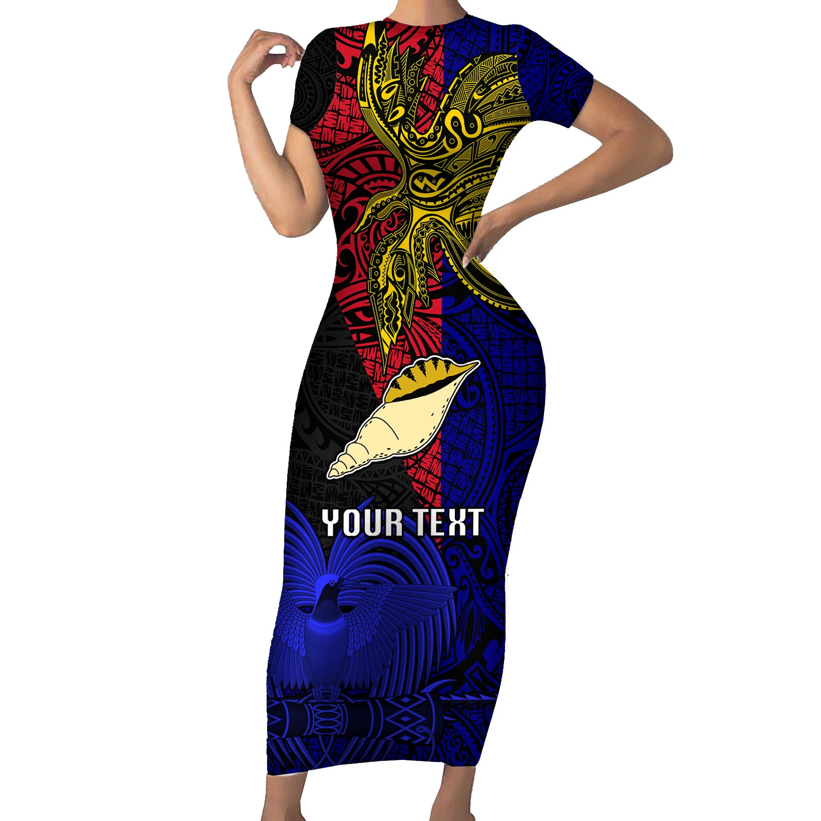 Personalised Papua New Guinea West New Britain Province Short Sleeve Bodycon Dress PNG Birds Of Paradise Polynesian Arty Style LT03 Long Dress Blue - Polynesian Pride