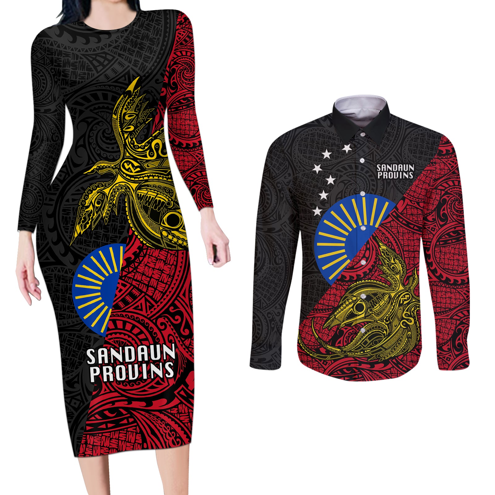 Papua New Guinea Sandaun Province Couples Matching Long Sleeve Bodycon Dress and Long Sleeve Button Shirts PNG Birds Of Paradise Polynesian Arty Style LT03 Red - Polynesian Pride