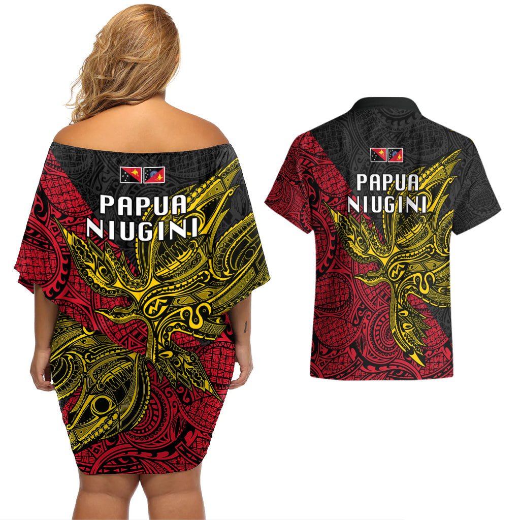 Papua New Guinea Sandaun Province Couples Matching Off Shoulder Short Dress and Hawaiian Shirt PNG Birds Of Paradise Polynesian Arty Style LT03 - Polynesian Pride