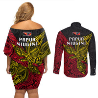 Papua New Guinea Sandaun Province Couples Matching Off Shoulder Short Dress and Long Sleeve Button Shirts PNG Birds Of Paradise Polynesian Arty Style LT03 - Polynesian Pride