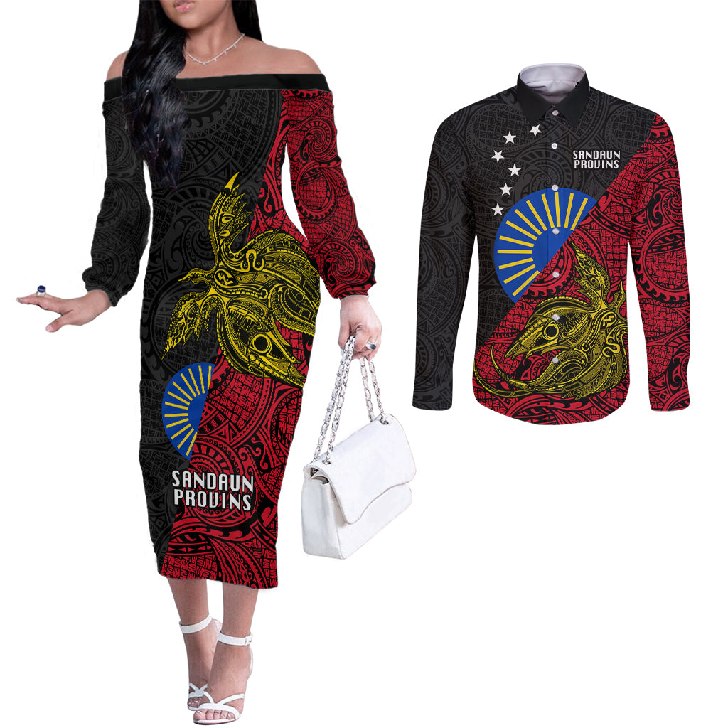 Papua New Guinea Sandaun Province Couples Matching Off The Shoulder Long Sleeve Dress and Long Sleeve Button Shirts PNG Birds Of Paradise Polynesian Arty Style LT03 Red - Polynesian Pride