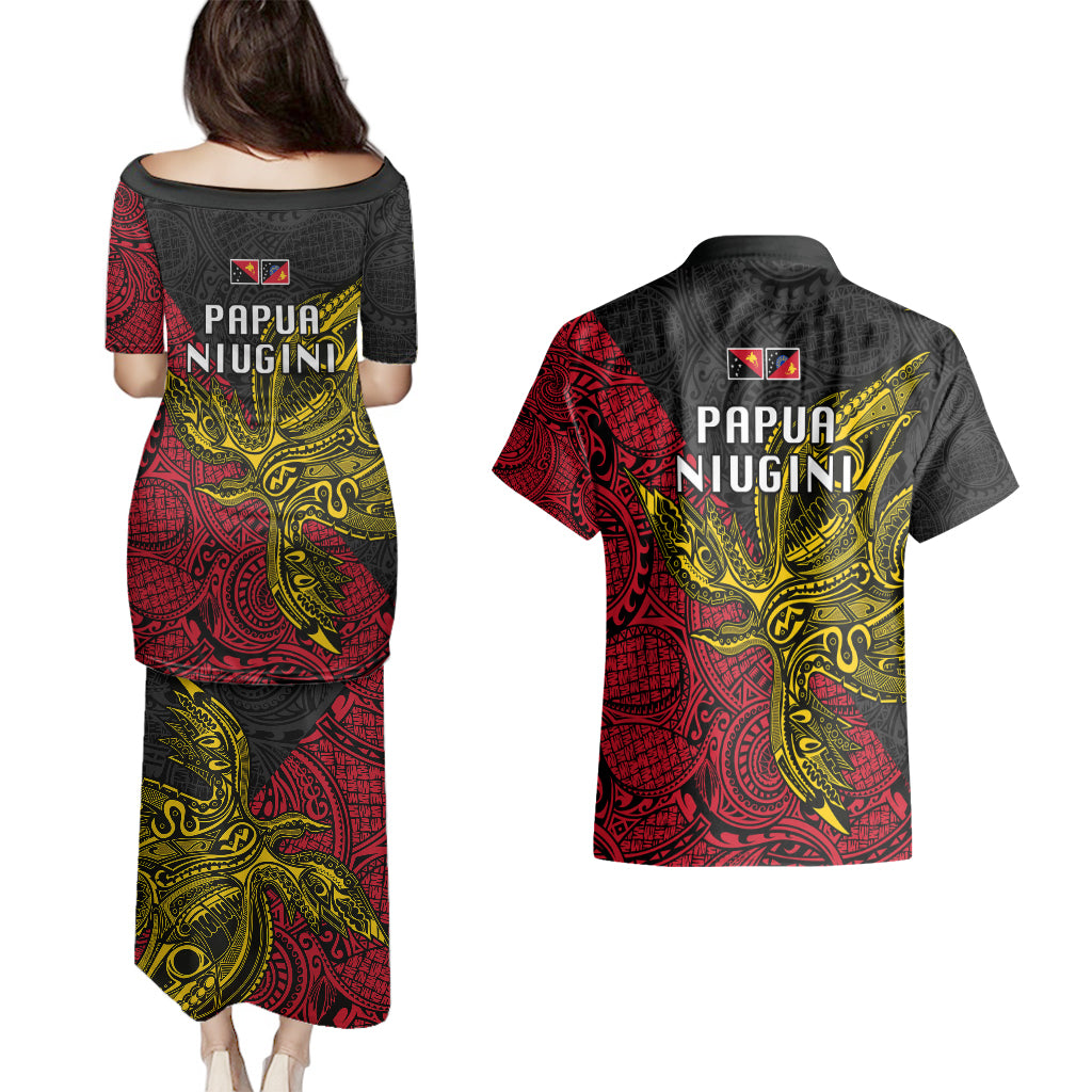 Papua New Guinea Sandaun Province Couples Matching Puletasi Dress and Hawaiian Shirt PNG Birds Of Paradise Polynesian Arty Style LT03 - Polynesian Pride