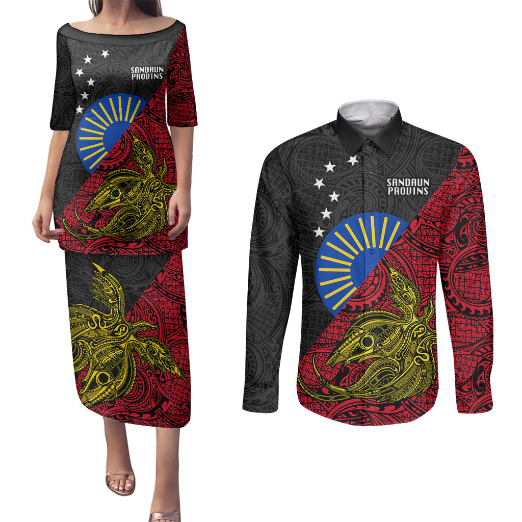 Papua New Guinea Sandaun Province Couples Matching Puletasi Dress and Long Sleeve Button Shirts PNG Birds Of Paradise Polynesian Arty Style LT03 Red - Polynesian Pride