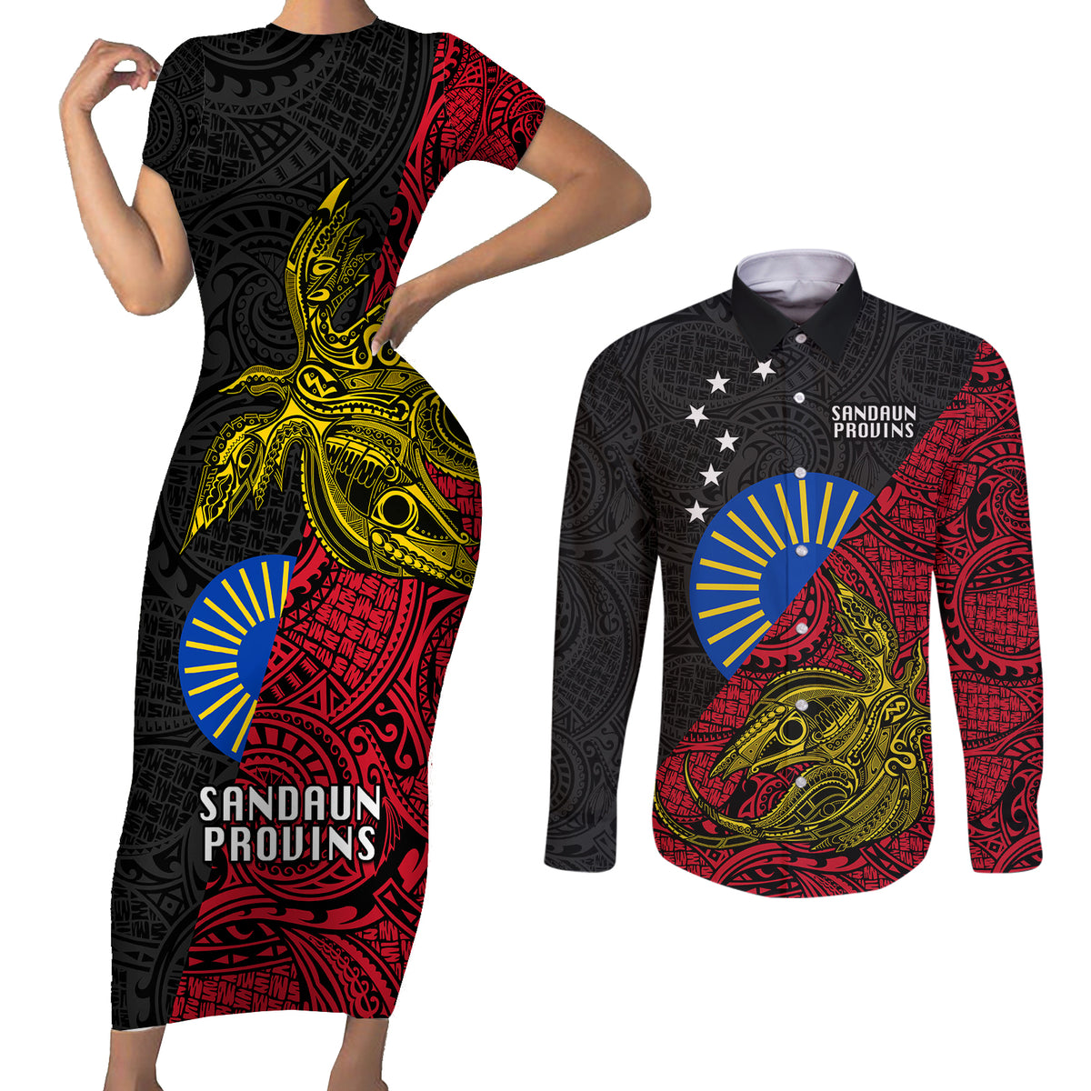 Papua New Guinea Sandaun Province Couples Matching Short Sleeve Bodycon Dress and Long Sleeve Button Shirts PNG Birds Of Paradise Polynesian Arty Style LT03 Red - Polynesian Pride
