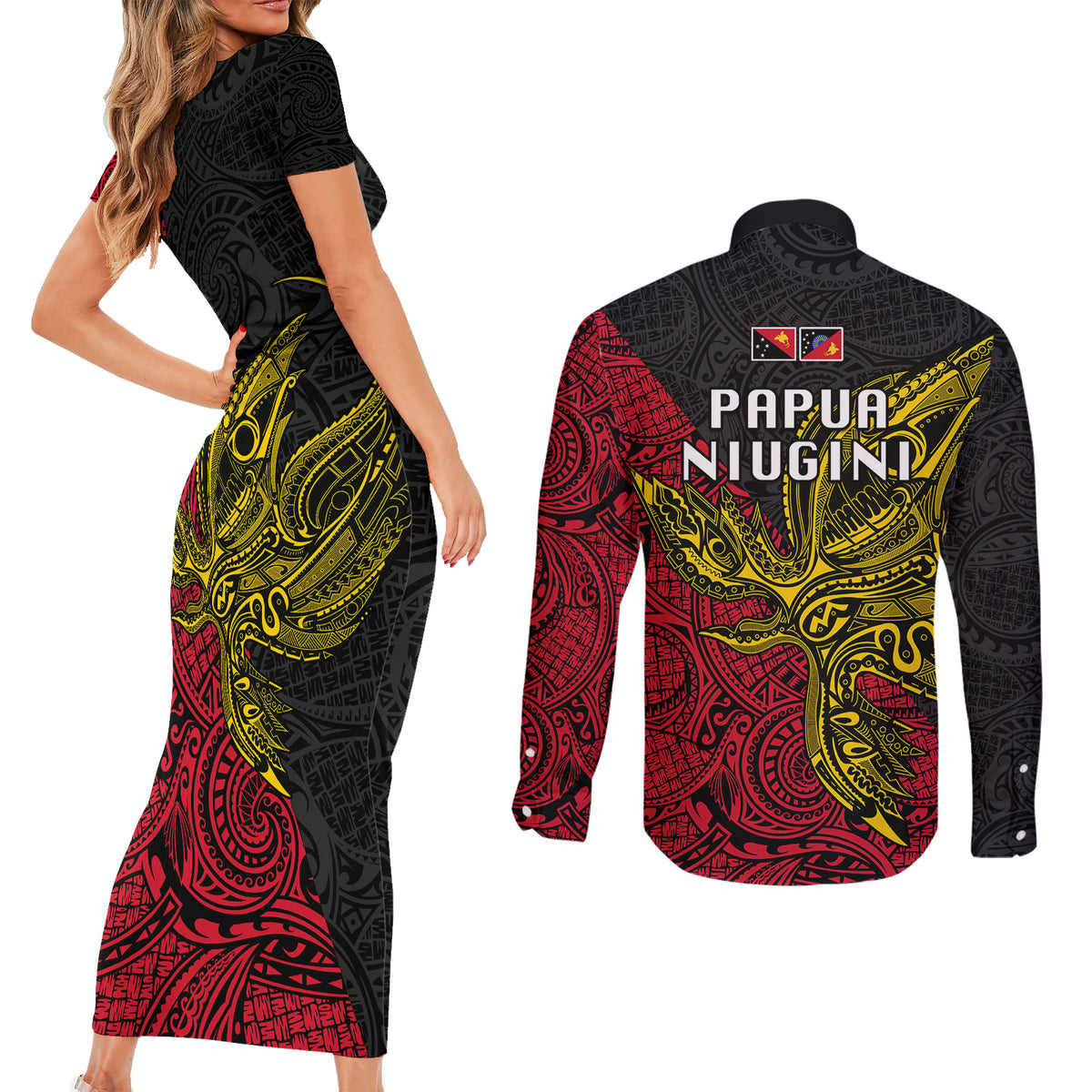Papua New Guinea Sandaun Province Couples Matching Short Sleeve Bodycon Dress and Long Sleeve Button Shirts PNG Birds Of Paradise Polynesian Arty Style LT03 - Polynesian Pride