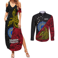 Papua New Guinea Sandaun Province Couples Matching Summer Maxi Dress and Long Sleeve Button Shirts PNG Birds Of Paradise Polynesian Arty Style LT03 Red - Polynesian Pride