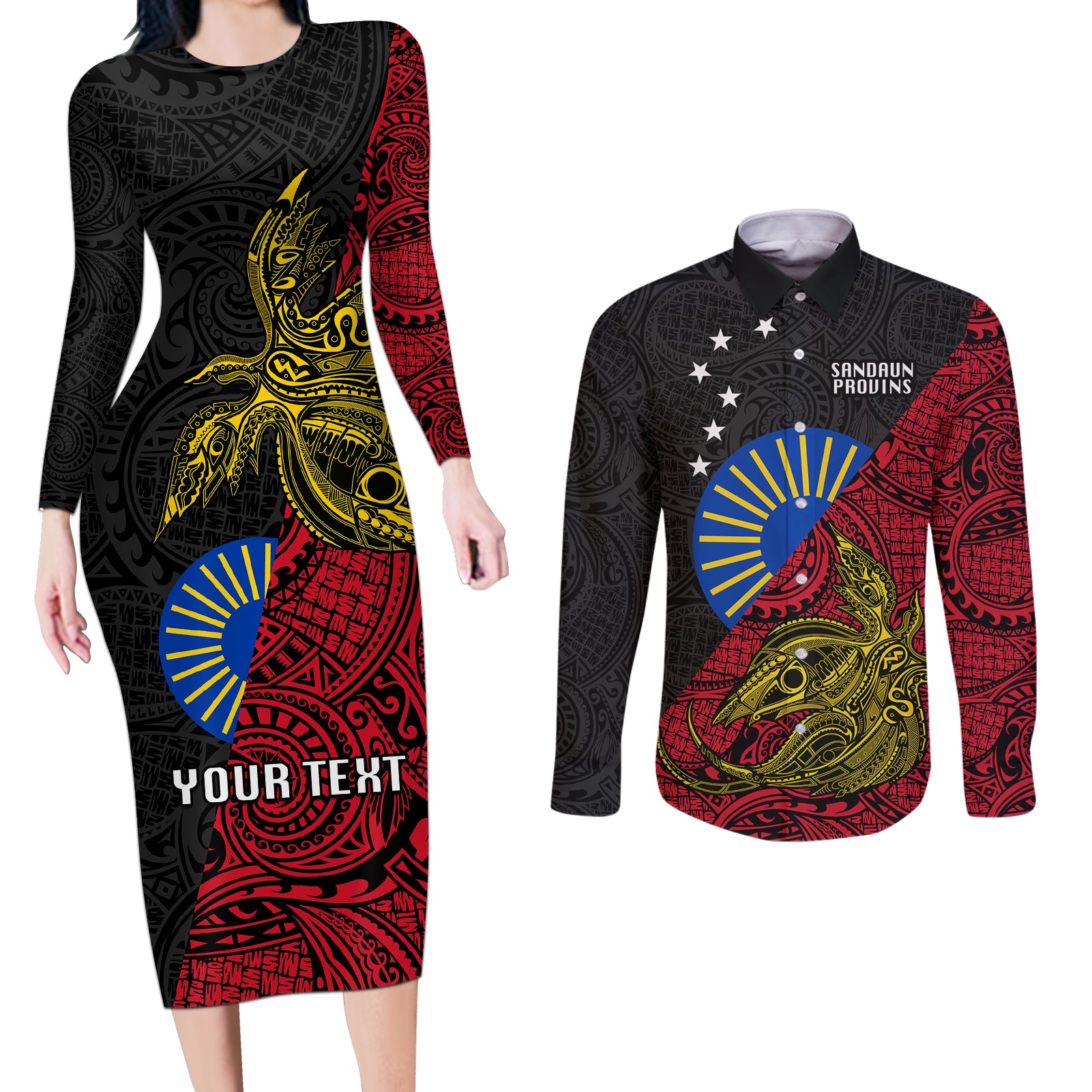 Personalised Papua New Guinea Sandaun Province Couples Matching Long Sleeve Bodycon Dress and Long Sleeve Button Shirts PNG Birds Of Paradise Polynesian Arty Style LT03 Red - Polynesian Pride