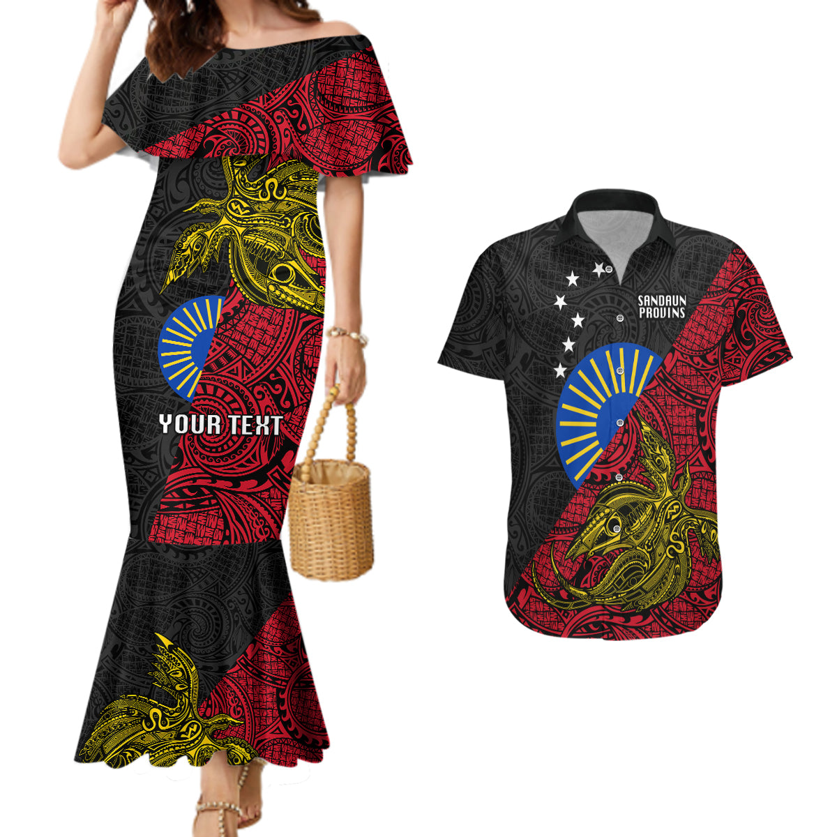 Personalised Papua New Guinea Sandaun Province Couples Matching Mermaid Dress and Hawaiian Shirt PNG Birds Of Paradise Polynesian Arty Style LT03 Red - Polynesian Pride