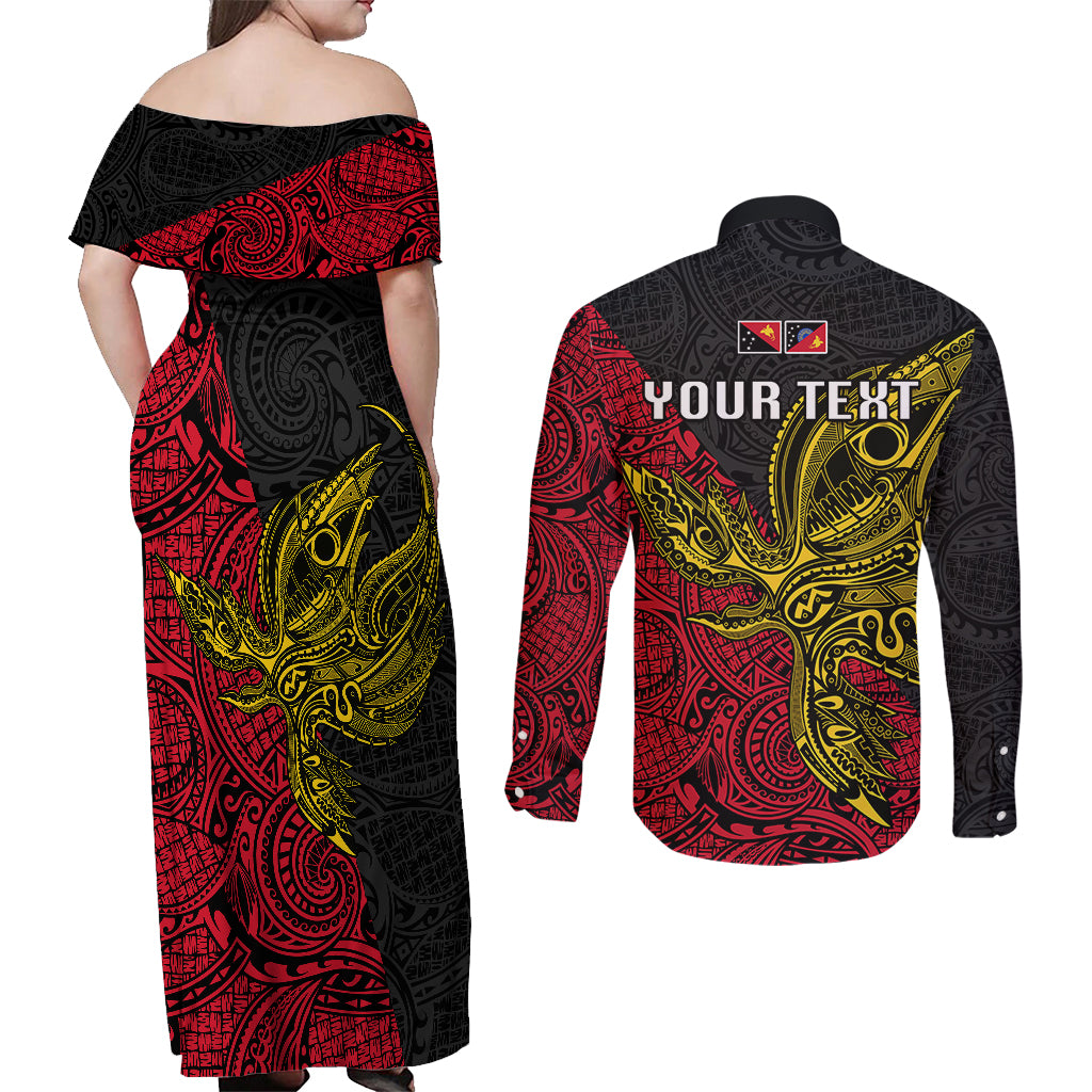 Personalised Papua New Guinea Sandaun Province Couples Matching Off Shoulder Maxi Dress and Long Sleeve Button Shirts PNG Birds Of Paradise Polynesian Arty Style LT03 - Polynesian Pride
