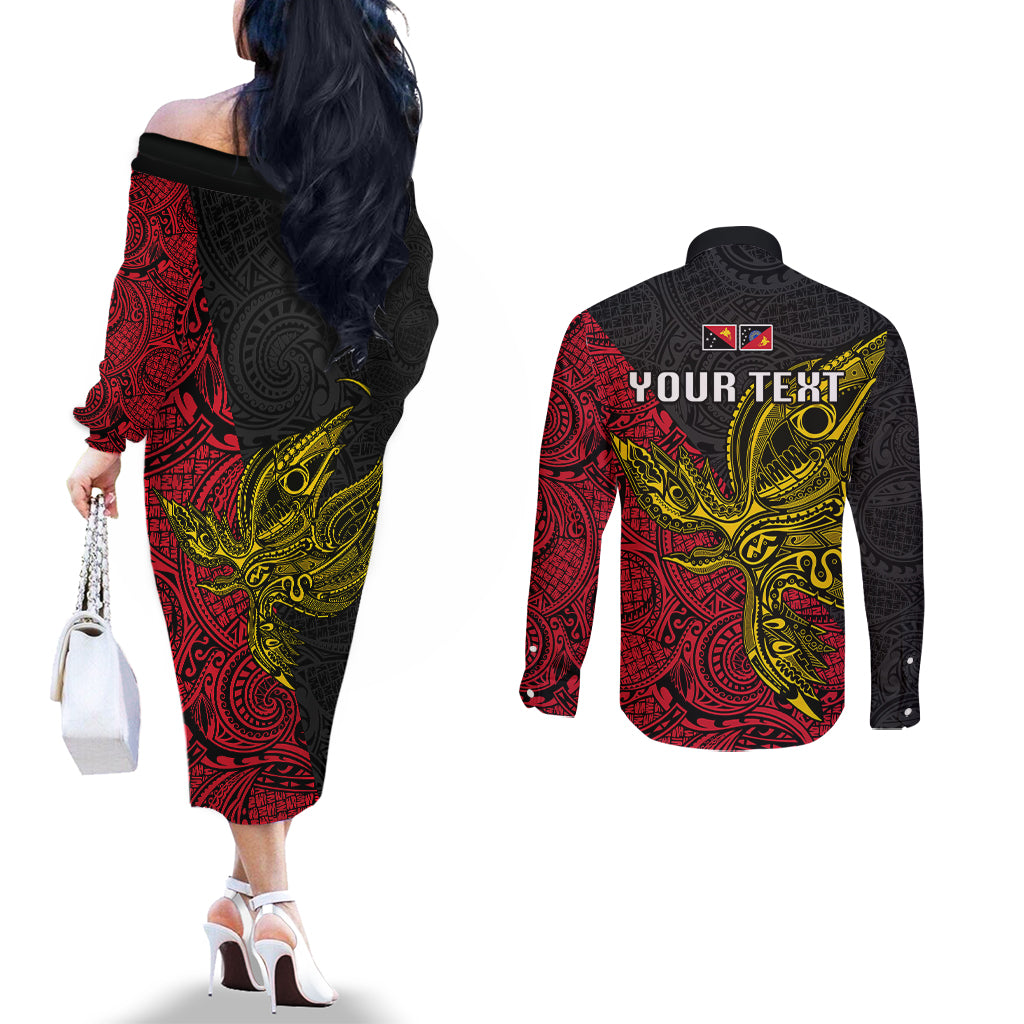 Personalised Papua New Guinea Sandaun Province Couples Matching Off The Shoulder Long Sleeve Dress and Long Sleeve Button Shirts PNG Birds Of Paradise Polynesian Arty Style LT03 - Polynesian Pride
