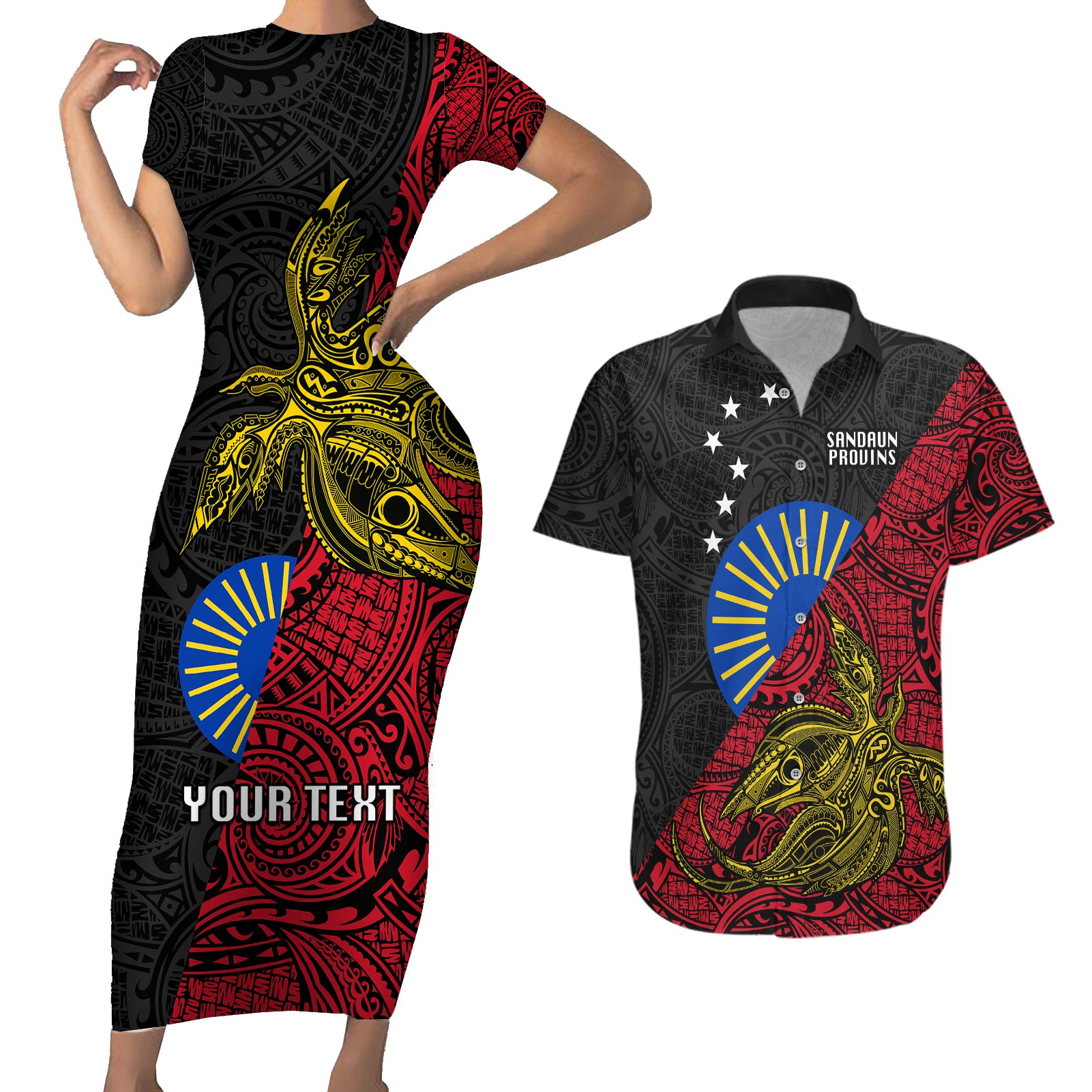 Personalised Papua New Guinea Sandaun Province Couples Matching Short Sleeve Bodycon Dress and Hawaiian Shirt PNG Birds Of Paradise Polynesian Arty Style LT03 Red - Polynesian Pride