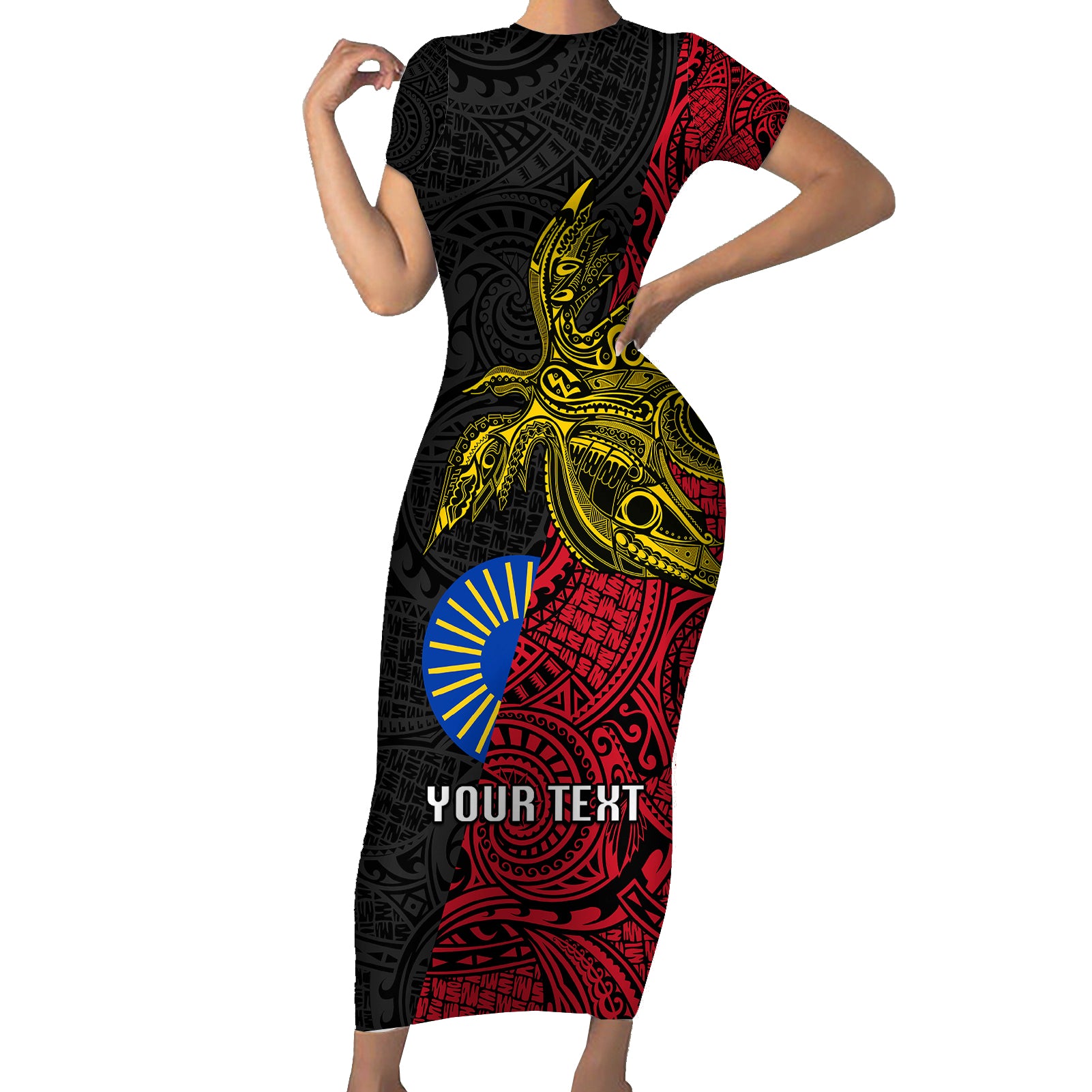 Personalised Papua New Guinea Sandaun Province Short Sleeve Bodycon Dress PNG Birds Of Paradise Polynesian Arty Style LT03 Long Dress Red - Polynesian Pride