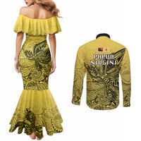 Papua New Guinea National Capital District Couples Matching Mermaid Dress and Long Sleeve Button Shirts PNG Birds Of Paradise Polynesian Arty Style LT03 - Polynesian Pride