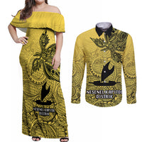 Papua New Guinea National Capital District Couples Matching Off Shoulder Maxi Dress and Long Sleeve Button Shirts PNG Birds Of Paradise Polynesian Arty Style LT03 Yellow - Polynesian Pride