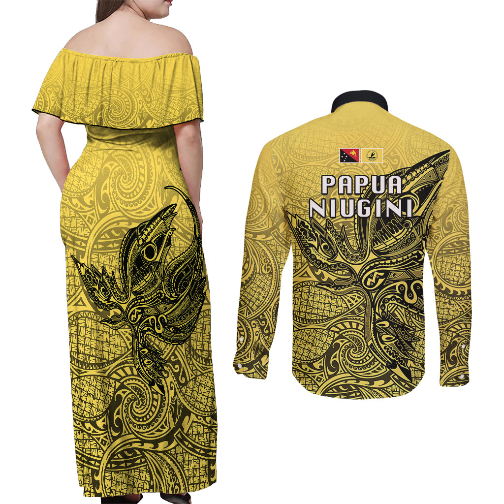 Papua New Guinea National Capital District Couples Matching Off Shoulder Maxi Dress and Long Sleeve Button Shirts PNG Birds Of Paradise Polynesian Arty Style LT03 - Polynesian Pride