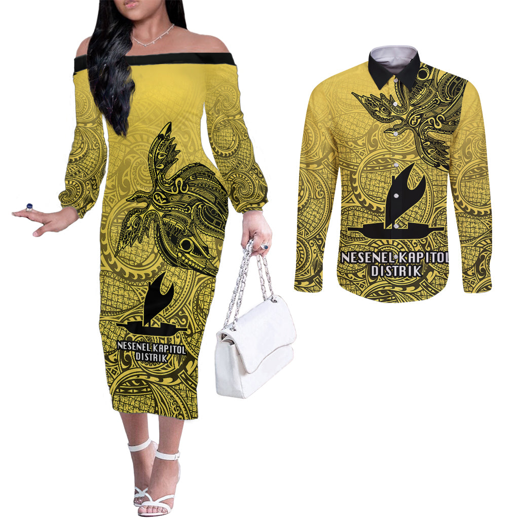 Papua New Guinea National Capital District Couples Matching Off The Shoulder Long Sleeve Dress and Long Sleeve Button Shirts PNG Birds Of Paradise Polynesian Arty Style LT03 Yellow - Polynesian Pride
