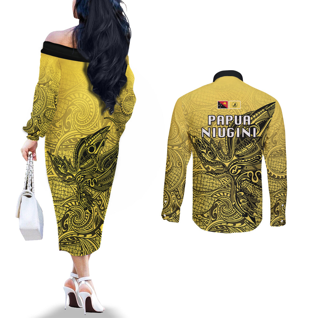 Papua New Guinea National Capital District Couples Matching Off The Shoulder Long Sleeve Dress and Long Sleeve Button Shirts PNG Birds Of Paradise Polynesian Arty Style LT03 - Polynesian Pride