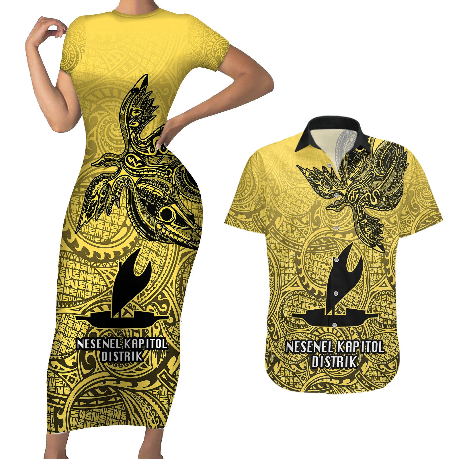 Papua New Guinea National Capital District Couples Matching Short Sleeve Bodycon Dress and Hawaiian Shirt PNG Birds Of Paradise Polynesian Arty Style LT03 Yellow - Polynesian Pride