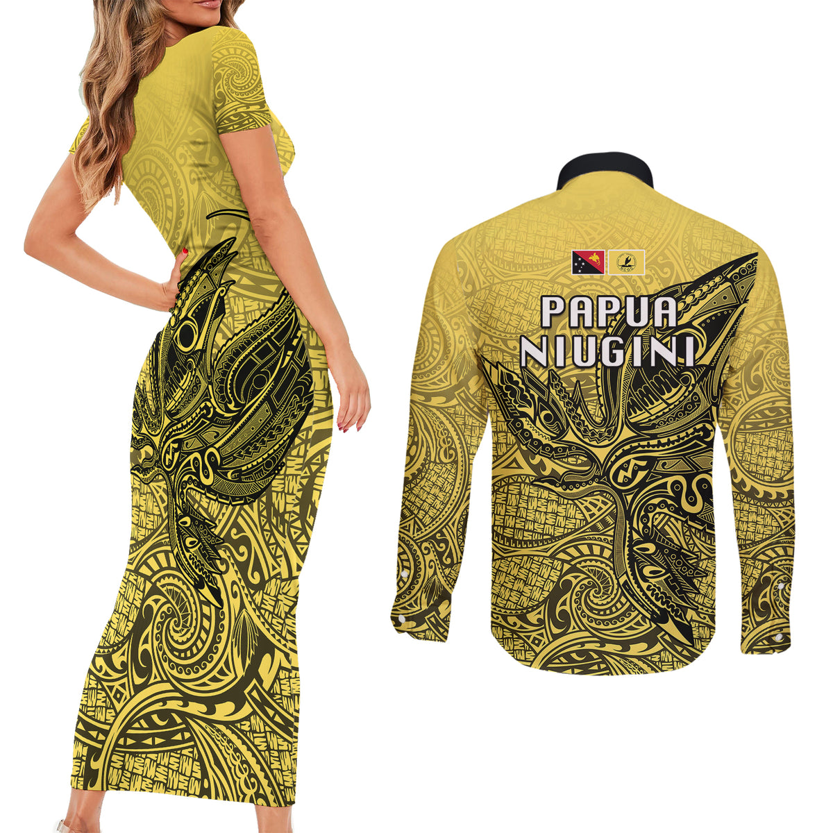 Papua New Guinea National Capital District Couples Matching Short Sleeve Bodycon Dress and Long Sleeve Button Shirts PNG Birds Of Paradise Polynesian Arty Style LT03 - Polynesian Pride