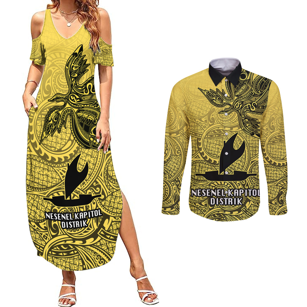 Papua New Guinea National Capital District Couples Matching Summer Maxi Dress and Long Sleeve Button Shirts PNG Birds Of Paradise Polynesian Arty Style LT03 Yellow - Polynesian Pride