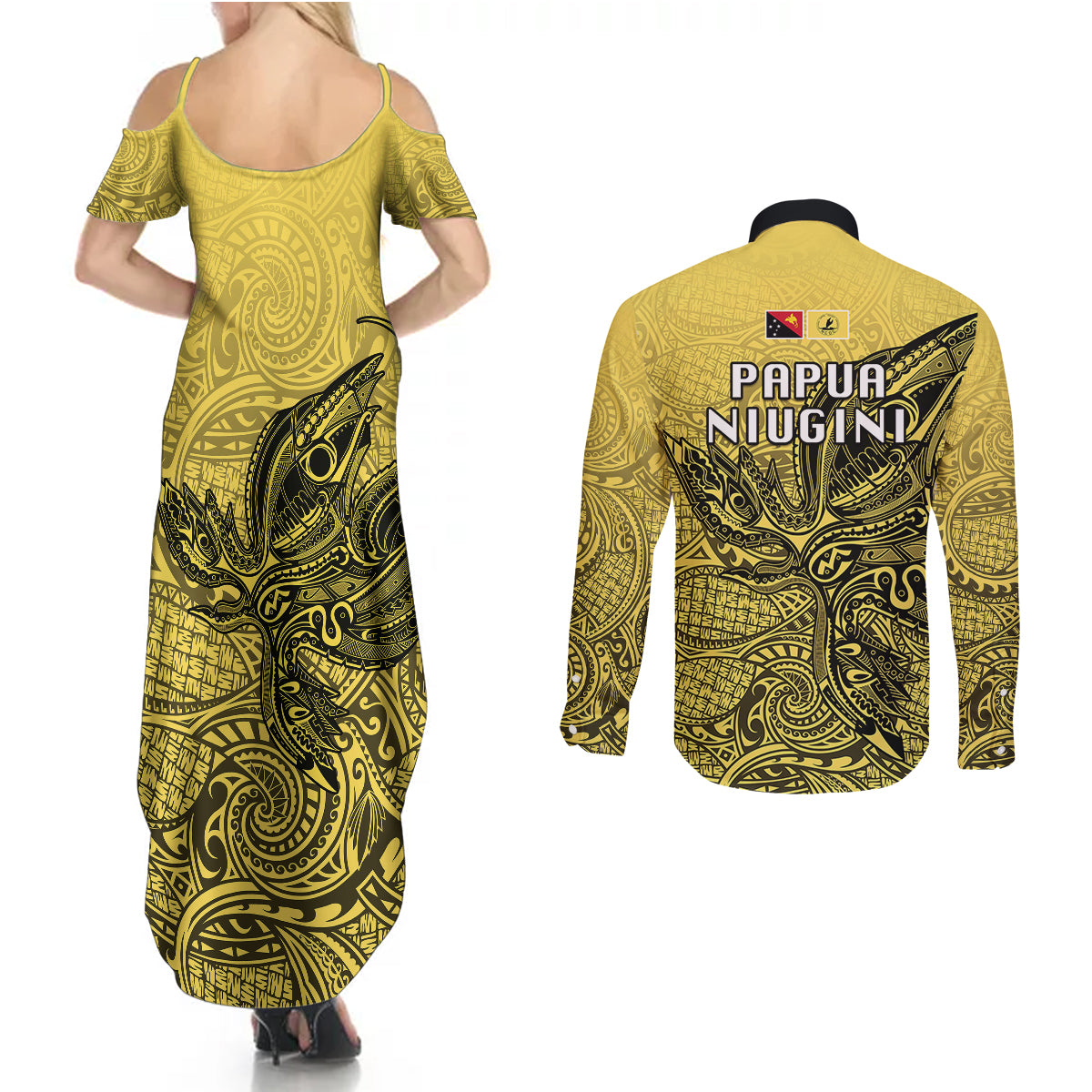 Papua New Guinea National Capital District Couples Matching Summer Maxi Dress and Long Sleeve Button Shirts PNG Birds Of Paradise Polynesian Arty Style LT03 - Polynesian Pride